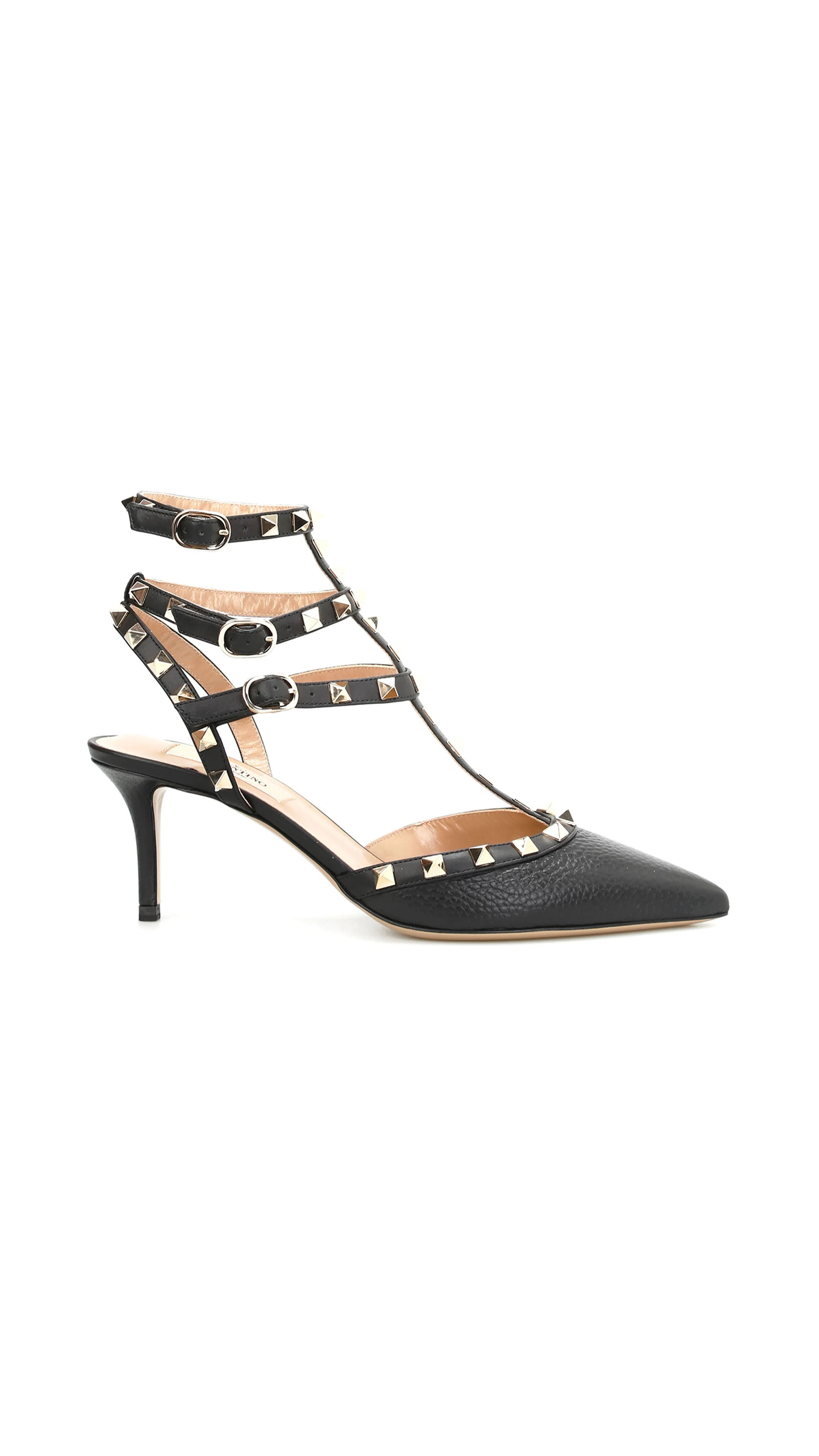 Rockstud Caged Pump in Grain de Poudre Leather 65MM - Black