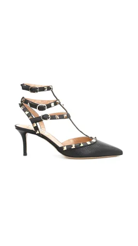 Rockstud Caged Pump in Grain de Poudre Leather 65MM - Black