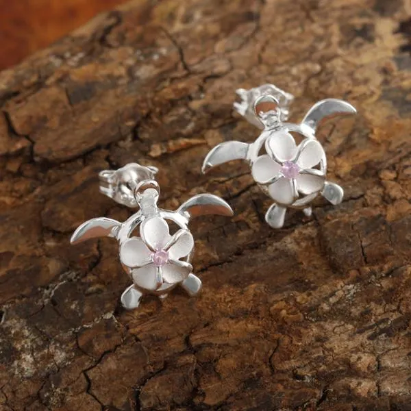 Sterling Silver 8mm Plumeria with Pink CZ on Honu (Hawaiian Turtle) Post Earrings