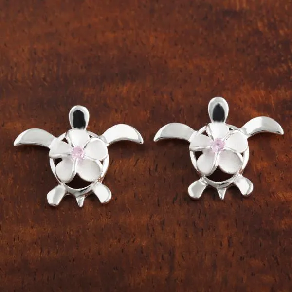 Sterling Silver 8mm Plumeria with Pink CZ on Honu (Hawaiian Turtle) Post Earrings