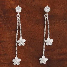 Sterling Silver CZ and Box Chain Two Plumeria Post Earrings