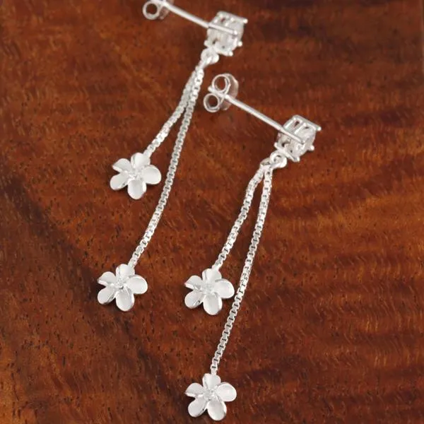 Sterling Silver CZ and Box Chain Two Plumeria Post Earrings