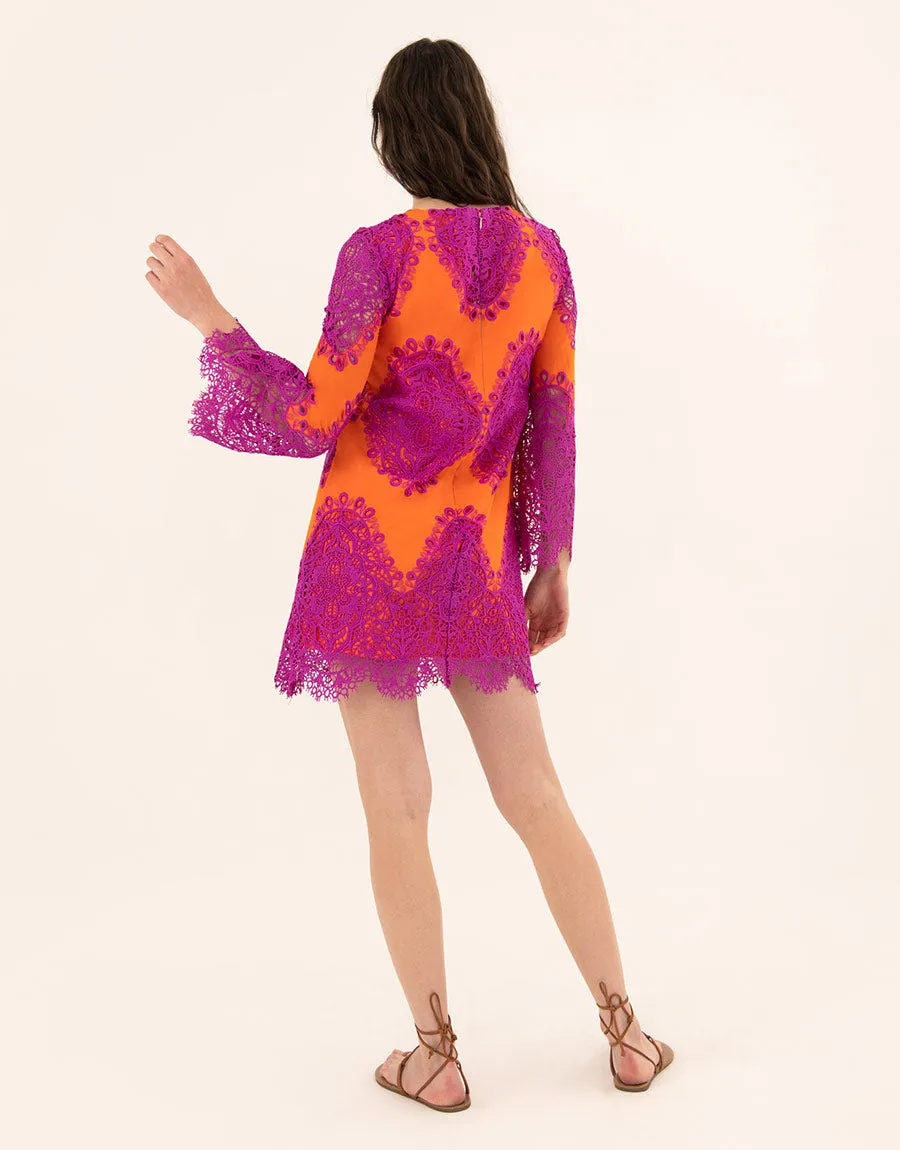 Stevie Lace Mini Dress - Orange/Fuchsia