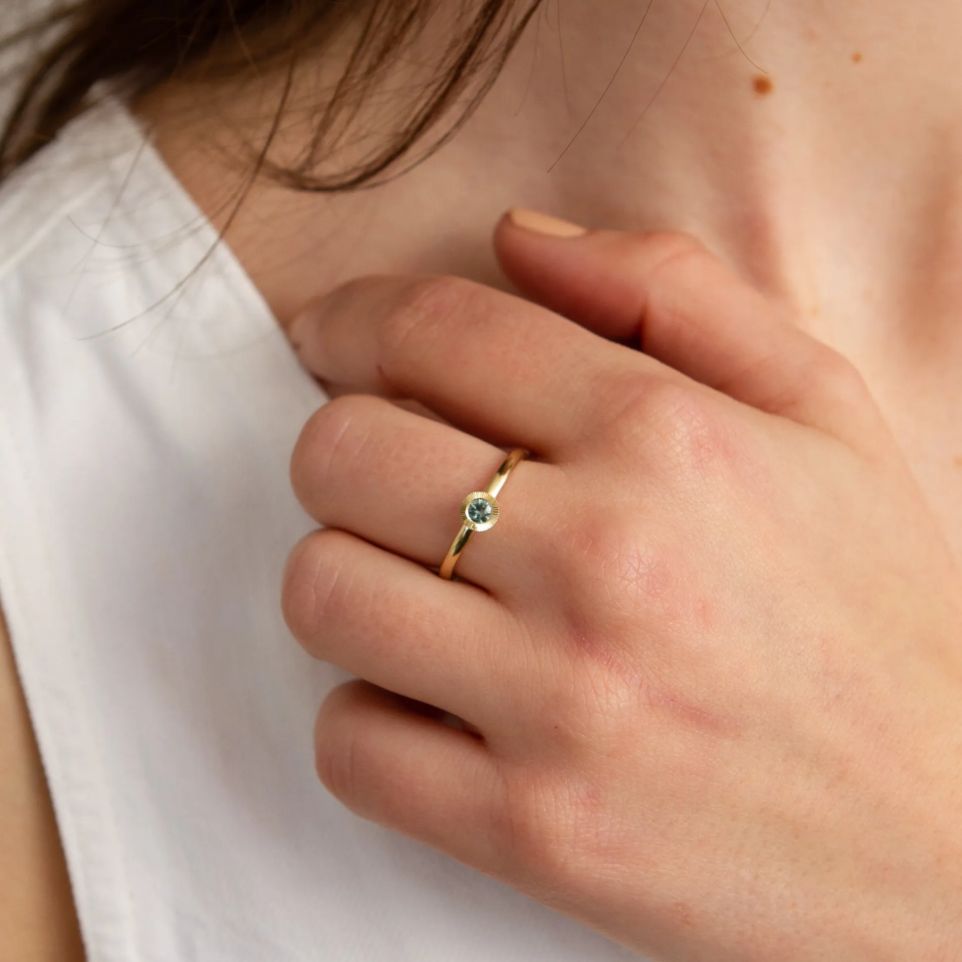 Teal Montana Sapphire Large Aurora Stacking Ring in Yellow Gold