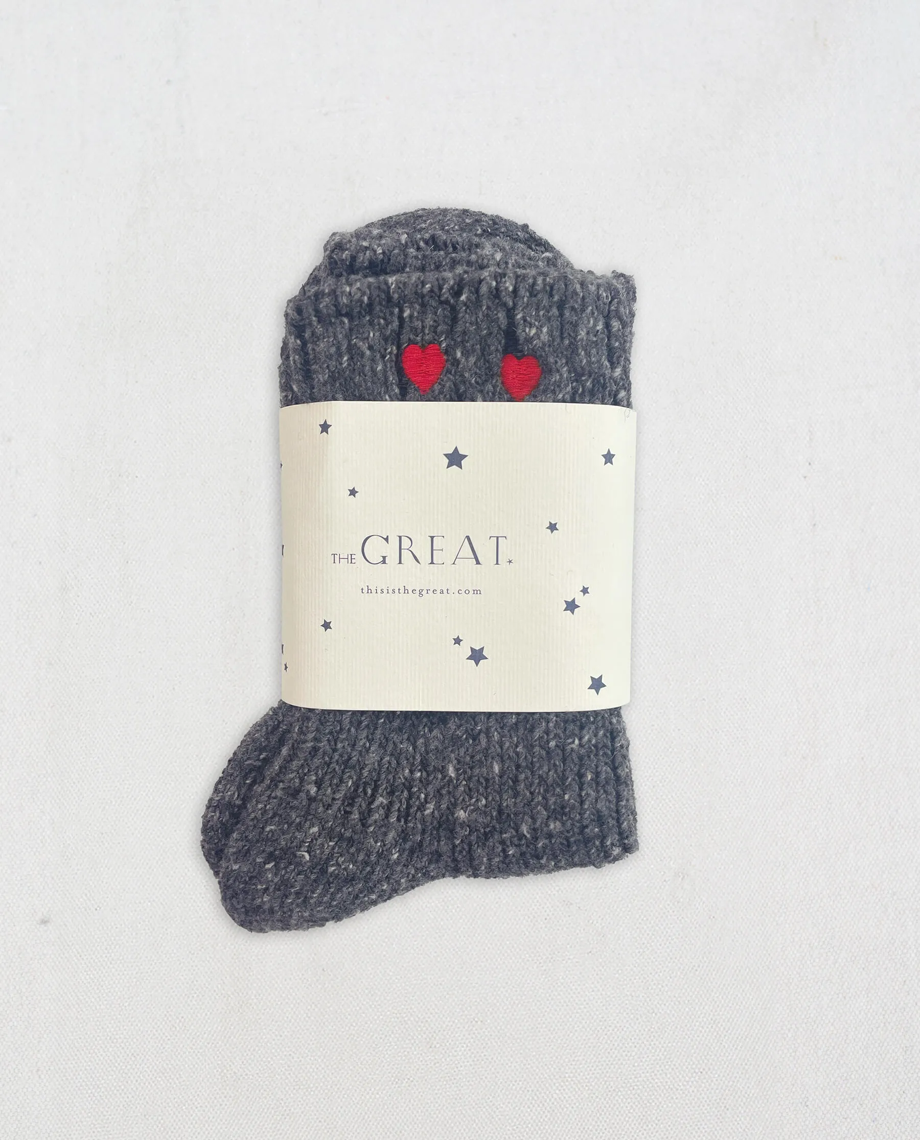 The Melange Rib Sock. -- Charcoal with Red Hearts