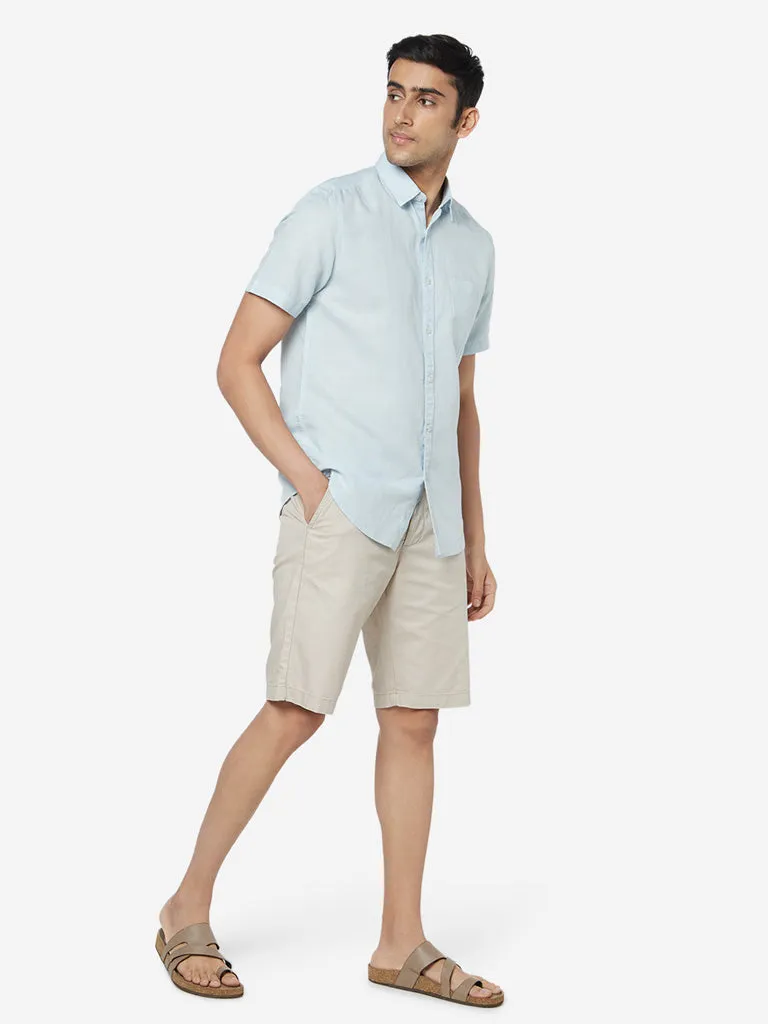 WES Casuals Blue Slim-Fit Blended Linen Shirt