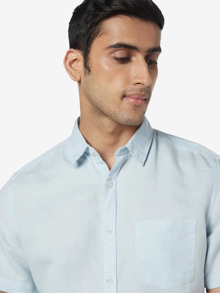 WES Casuals Blue Slim-Fit Blended Linen Shirt