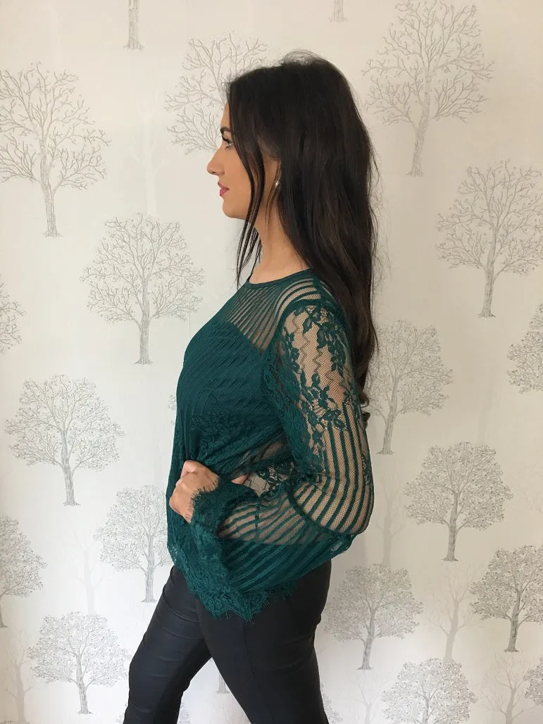 Zoe Teal Lace Blouse With Flared Sleeves