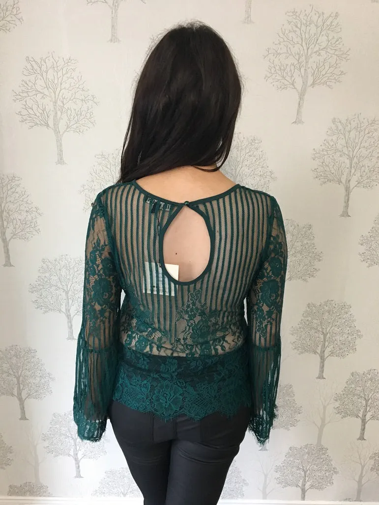 Zoe Teal Lace Blouse With Flared Sleeves