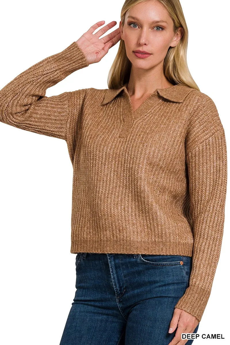 Zoey Melange Collared V-Neck Sweater